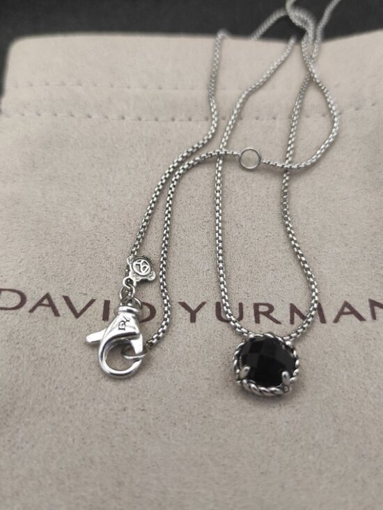 David Yurman 925 Silver Onyx Cable Necklace with Original Pouch